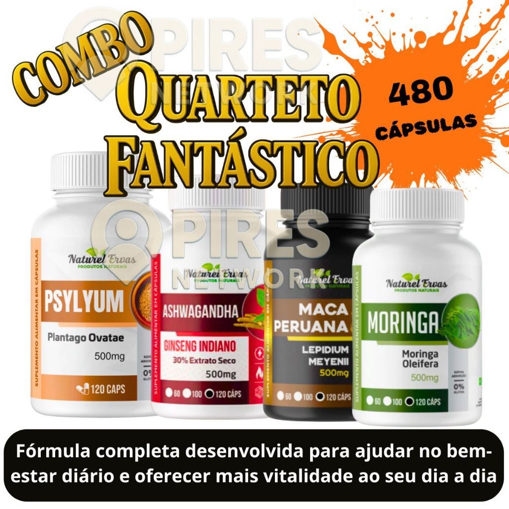 Combo Premium com 4 Potes – Psyllium, Ashwagandha, Maça, Moringa 120 Cápsulas por Pote