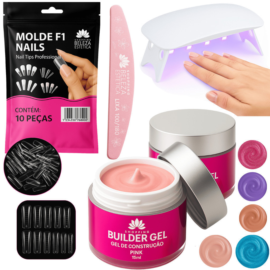 Kit Completo Gel Construtor Unha + Mini Cabine UV/LED + Molde F1 + Lixa – Manicure Profissional Nail Designer