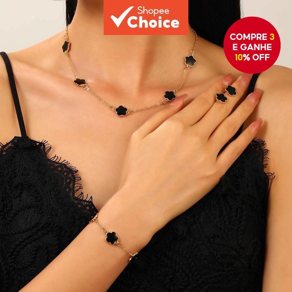 Conjunto Preto Coreano Cinco Folhas Trevo De Jóias Colar Pulseira Brincos Para Mulheres Presente Da Sorte