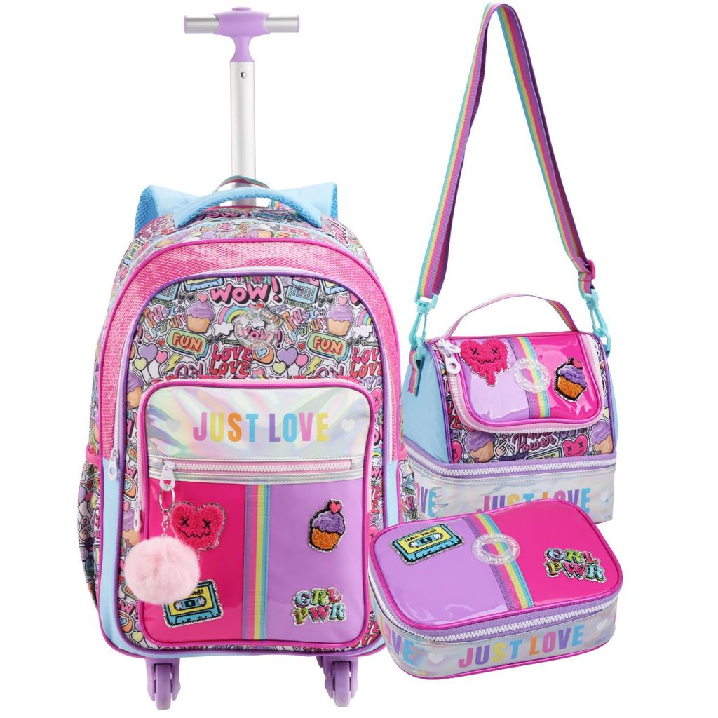 Kit Escolar Mochila 19 Rodinhas Menina Adolescente + Estojo + Lancheira