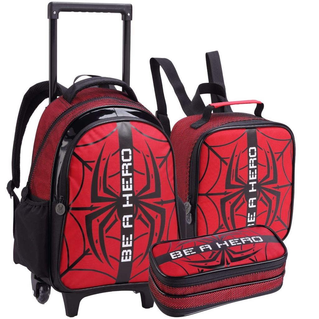 Kit Mochila Escolar Infantil Menino com Rodinha, Lancheira e Estojo Homem Spider Dark Aranha