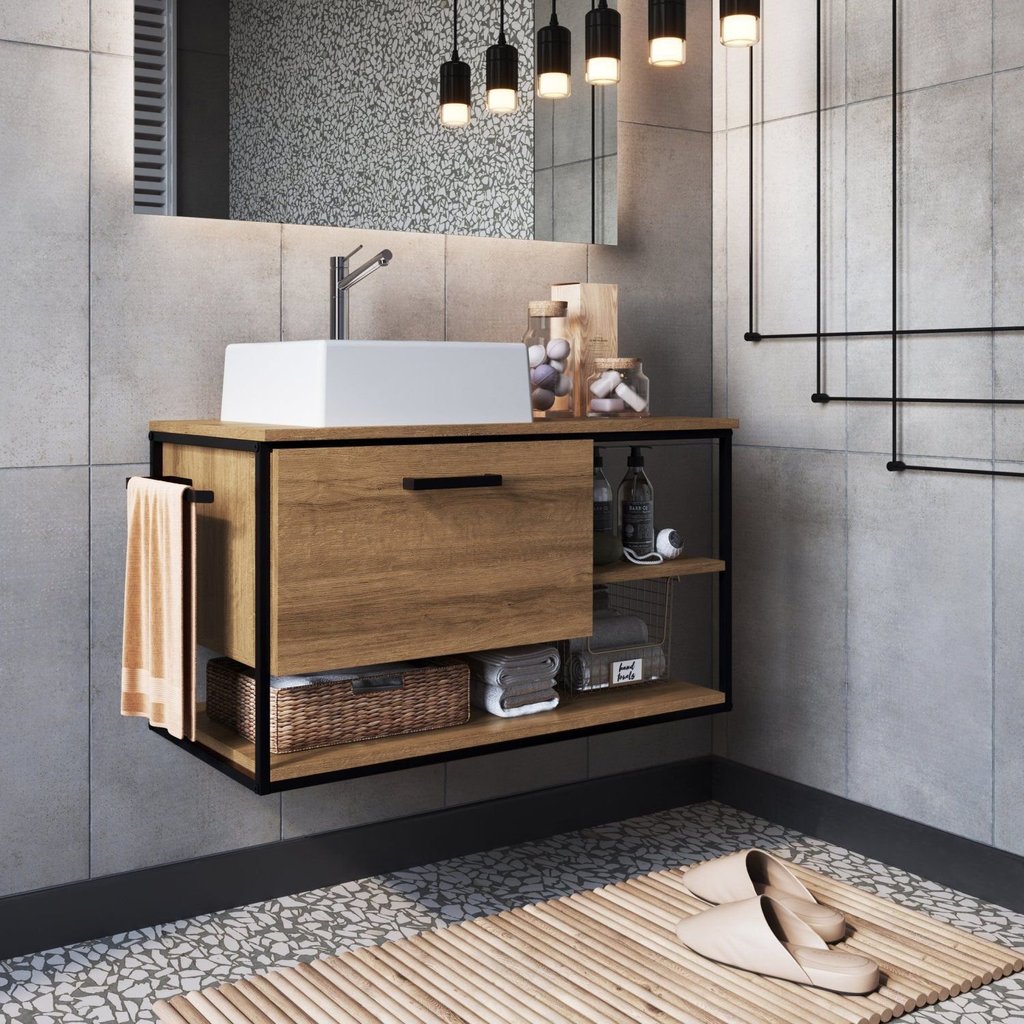 Gabinete Suspenso para Banheiro 80cm com Cuba  Preto/Mel