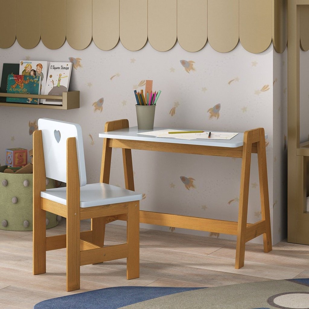 Conjunto Mesa Escrivaninha + 1 Cadeira Infantil Sofia Azul/ Mel Madeira Maciça e Mdf Azul