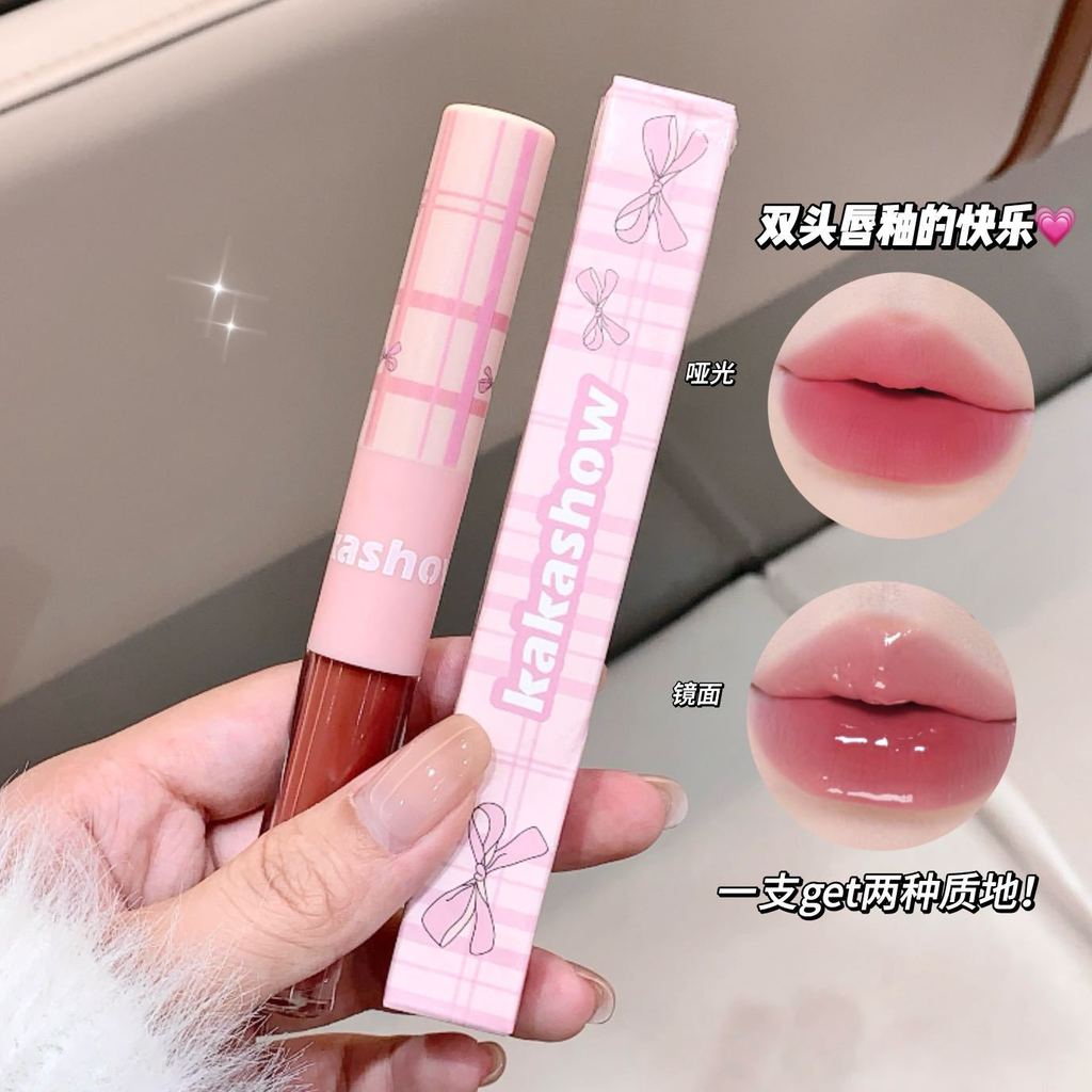 Kakashow Bowknot Espelho de esmalte labial de duas cabeças + Matte Student Party Plain Face Whitening Batom Nude 26513KH