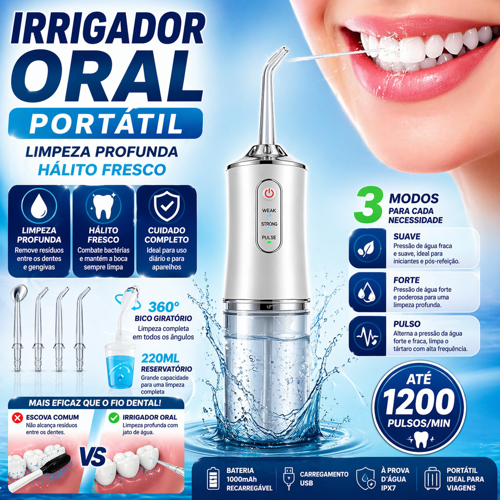 Irrigador Oral Portátil Fio Dental Elétrico 220ML 3 Modos Recarregável Limpeza Profunda Dental