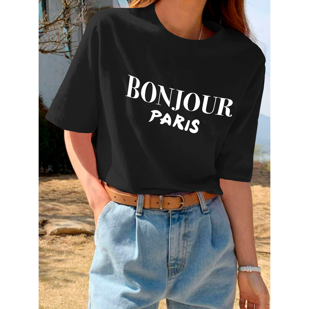 Camiseta Minimalista Aesthetic Moderna Tecido Macio Estilosa Estampada Bonjour Paris Blusa Oversized