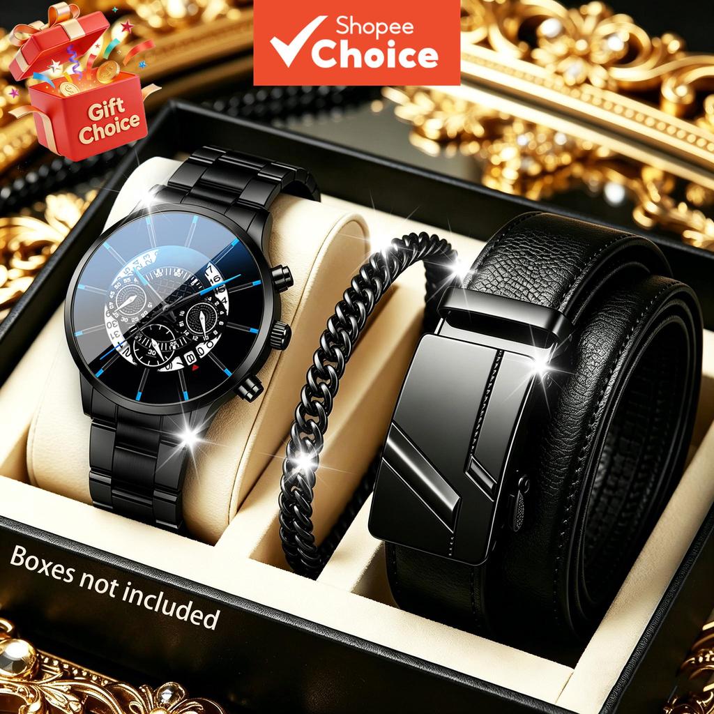 Conjunto De Relógio E Cinto De Quartzo Masculino , Pulseira De Liga , Tons Pretos Dourados Prateados , Estilo Empresaria