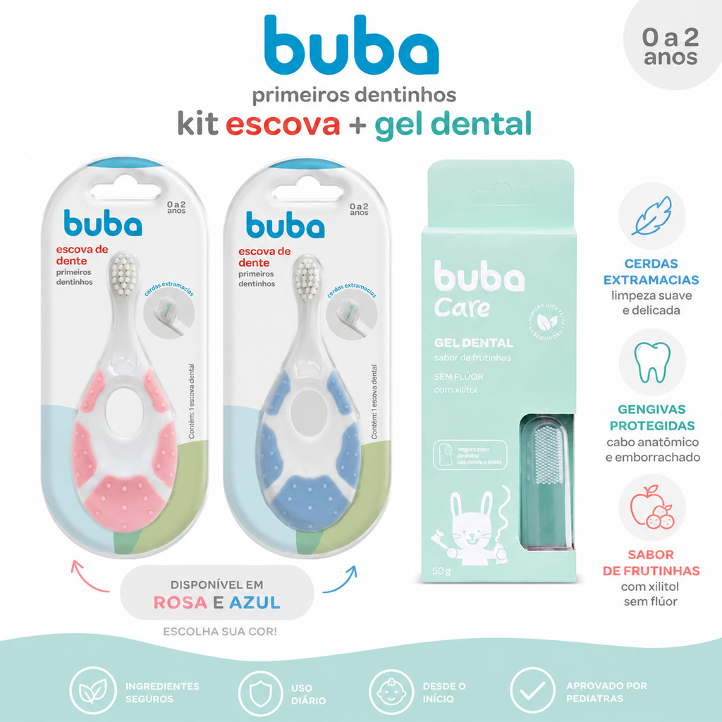 Kit Escova Primeiros Dentinhos Buba + Gel Dental Sem Flúor Buba Care