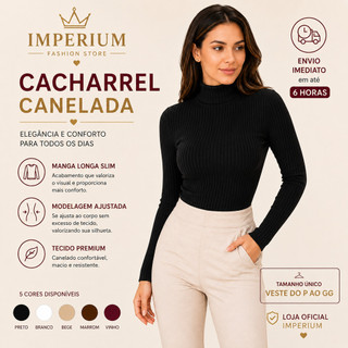 Blusa Canelada Manga Longa Feminina Gola Alta Cacharrel Segunda Pele