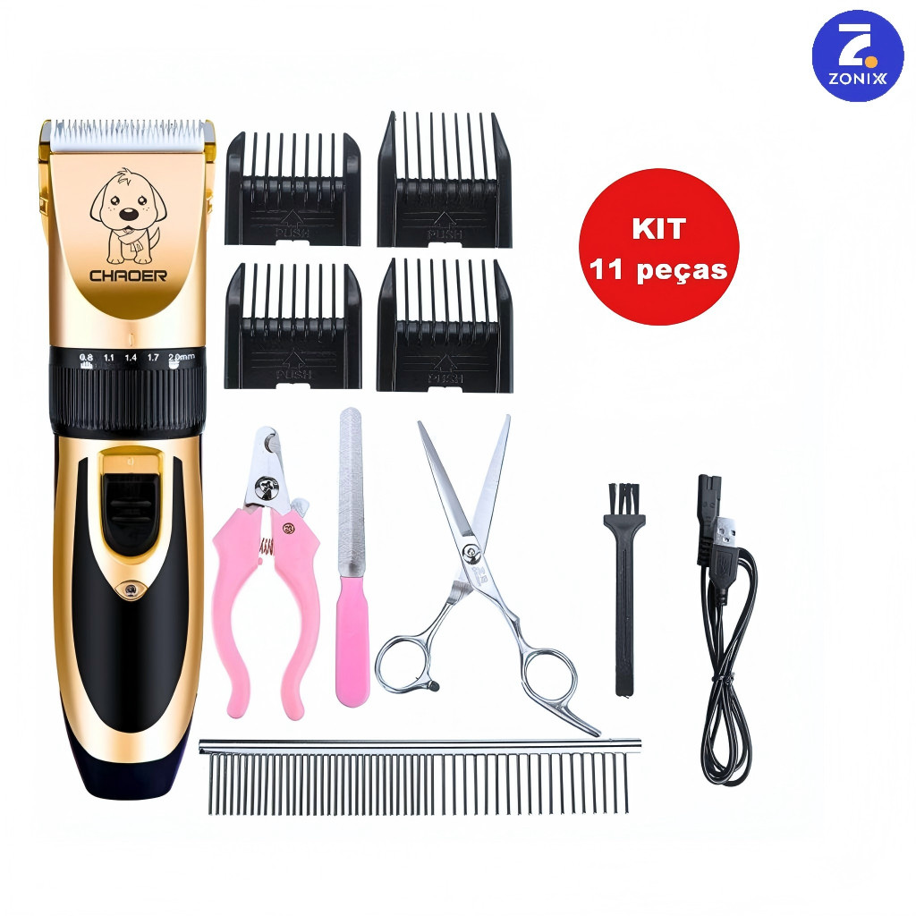 Kit Máquina de Tosar Profissional 11 Peças, Tosador para Gatos e Cachorros, Corte de Pelos Pet Zonix