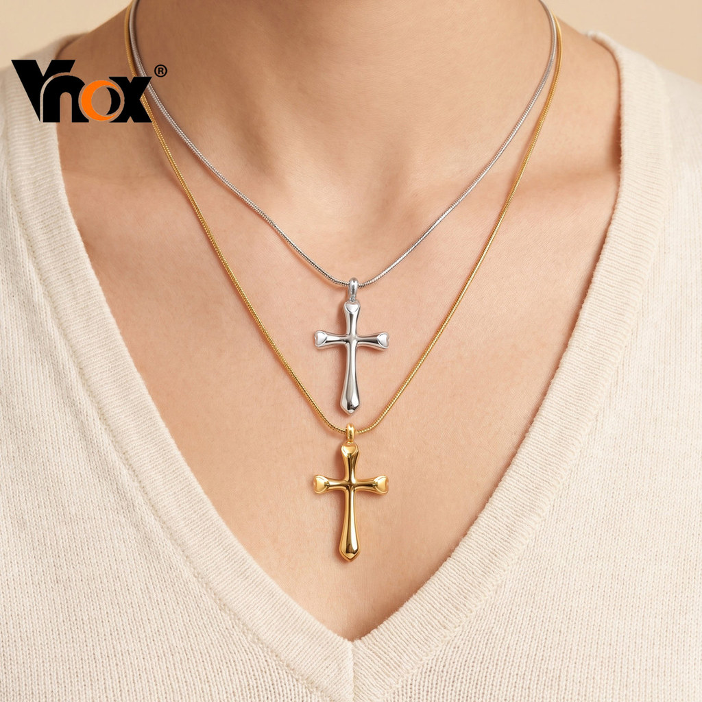 Colar De Cruz De Corrente De Cobra Redonda De Aço Inoxidável Vnox Para Mulheres , Pingente Religioso , Presente De Joia