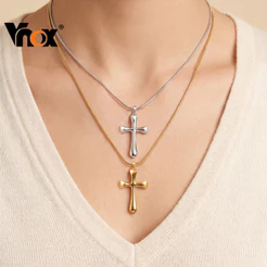 Colar De Cruz De Corrente De Cobra Redonda De Aço Inoxidável Vnox Para Mulheres , Pingente Religioso , Presente De Joia
