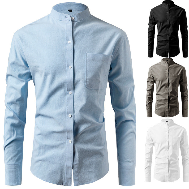Camisa de gola masculina manga comprida camisa de algodão masculina Casual imitação de linho camisa masculina na moda