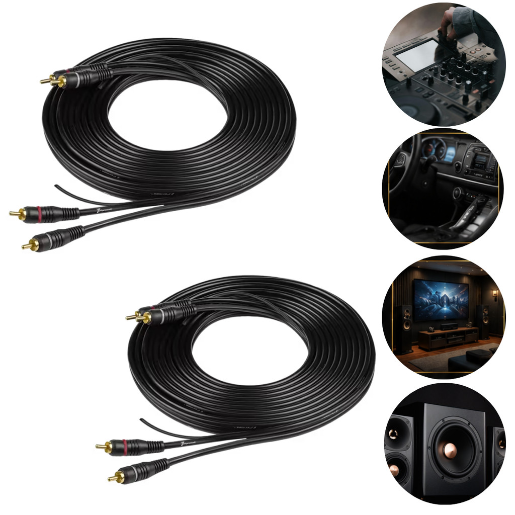 Kit 2un Cabo RCA 5M Blindado Ouro Conector Macho 4Saídas Adaptador Amplificador Som Automotivo Caixa