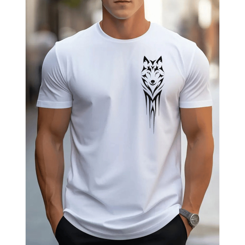 Camiseta Unissex Lobo Lateral Tribal Estampada Peito Estilo Streetwear Casual Confortável Moderna 100% Algoão Lançamento