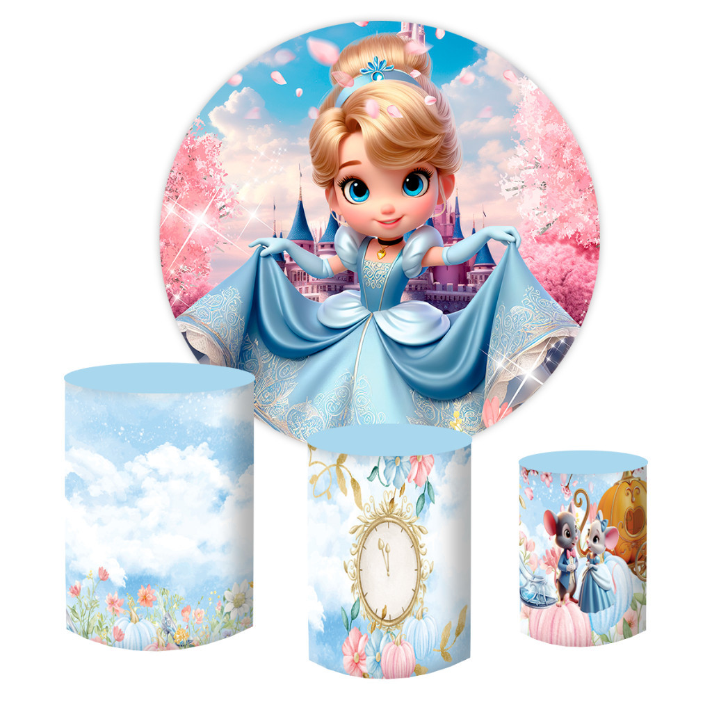 Kit Painel Redondo 1,50 + Capas Cilindro Tecido Sublimado Cinderella cute