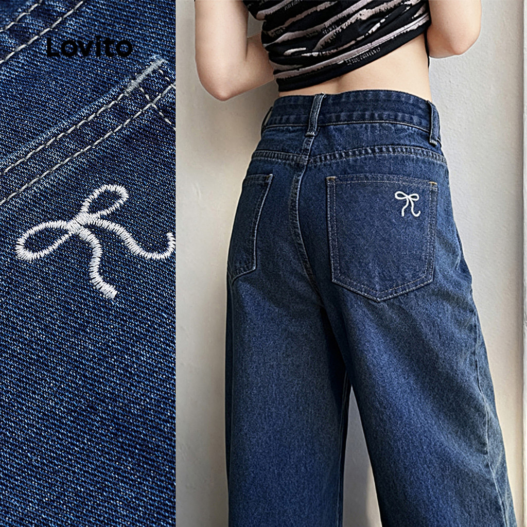 Lovito Jeans Casuais com Bordado de Bolso para Todas As Estações Jeans Femininos Azul Escuro L166AD347