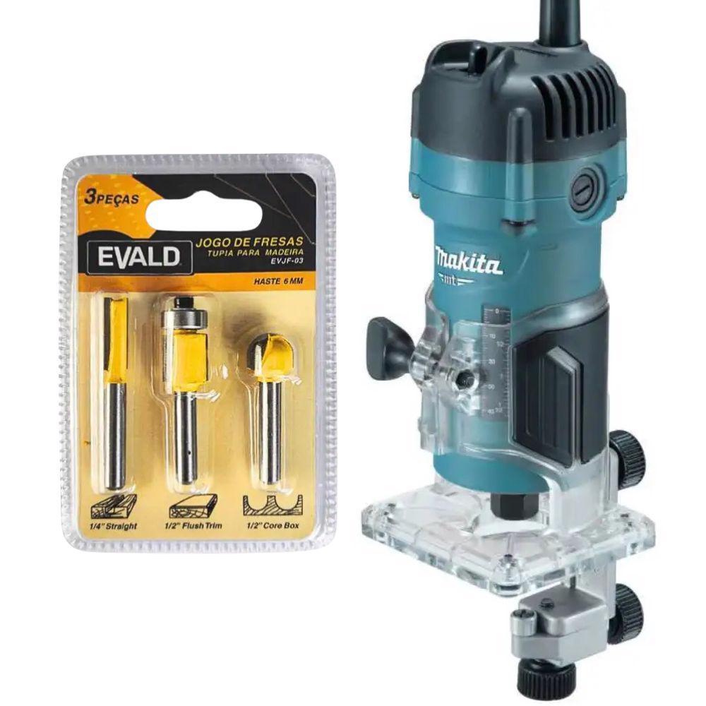 Tupia para Laminado 6mm 530W 110v MAKITA com Jogo de Fresas para Madeira 6 MM 3 Peças EVALD