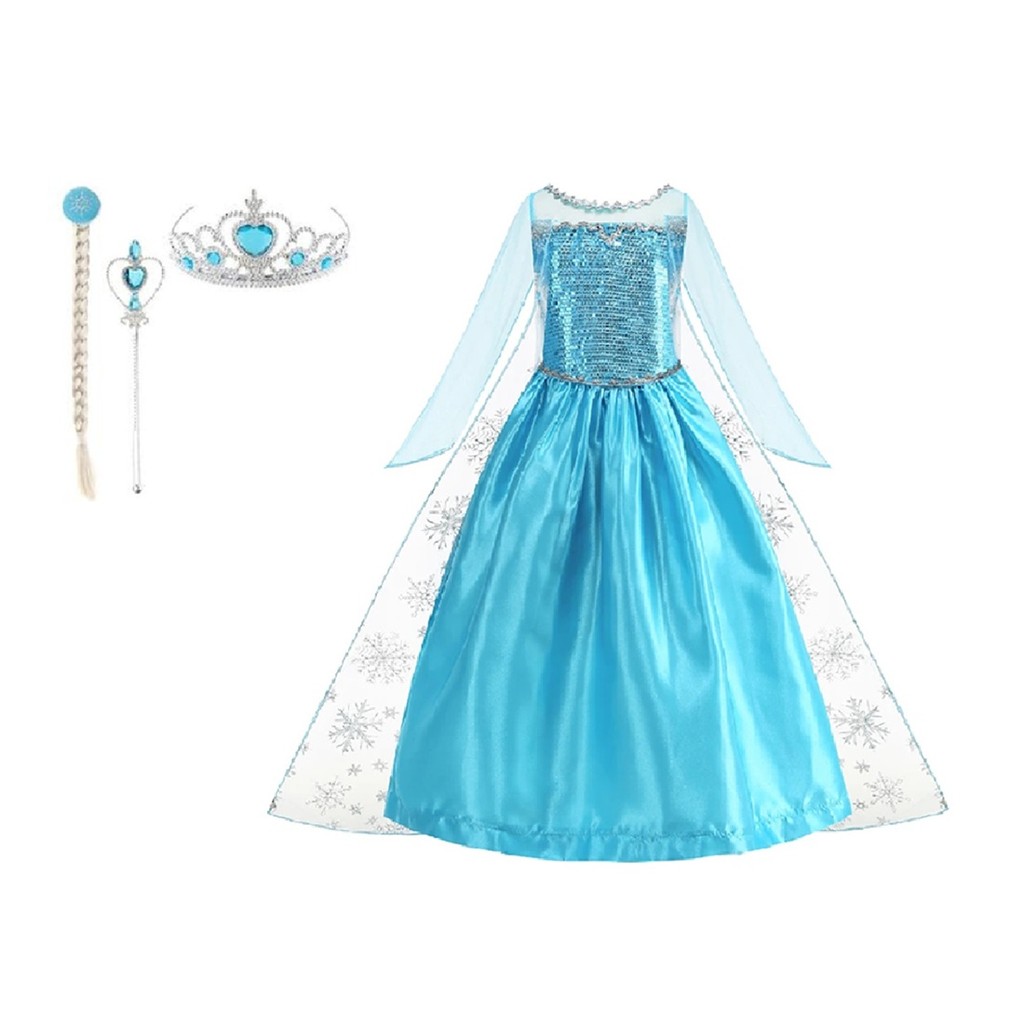 Vestido Fantasia Infantil Frozen Rainha Elsa + Coroa Varinha Trança