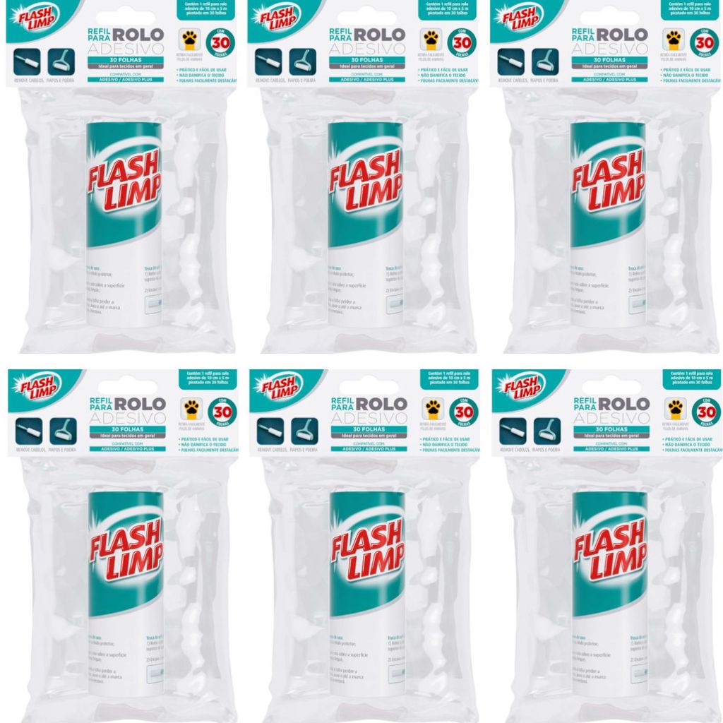 6 Refil Rolo Adesivo Tira Pelo de Roupas Flash Limp 30 Folhas