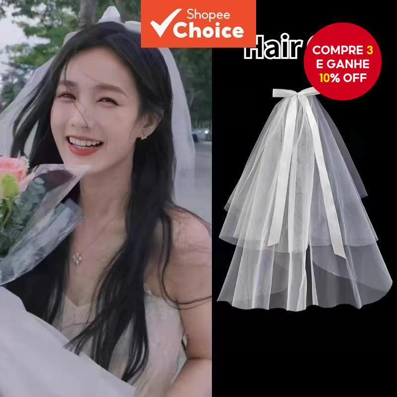 Acessórios de cabelo para noivas: véu de tule com borda dupla e laço, perfeito para penteados de casamento.