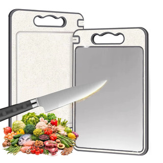 Tábua de Corte Cortar Carne Placa Dupla Face Higiênica em Aço Inox e PP com Afiador e Alça