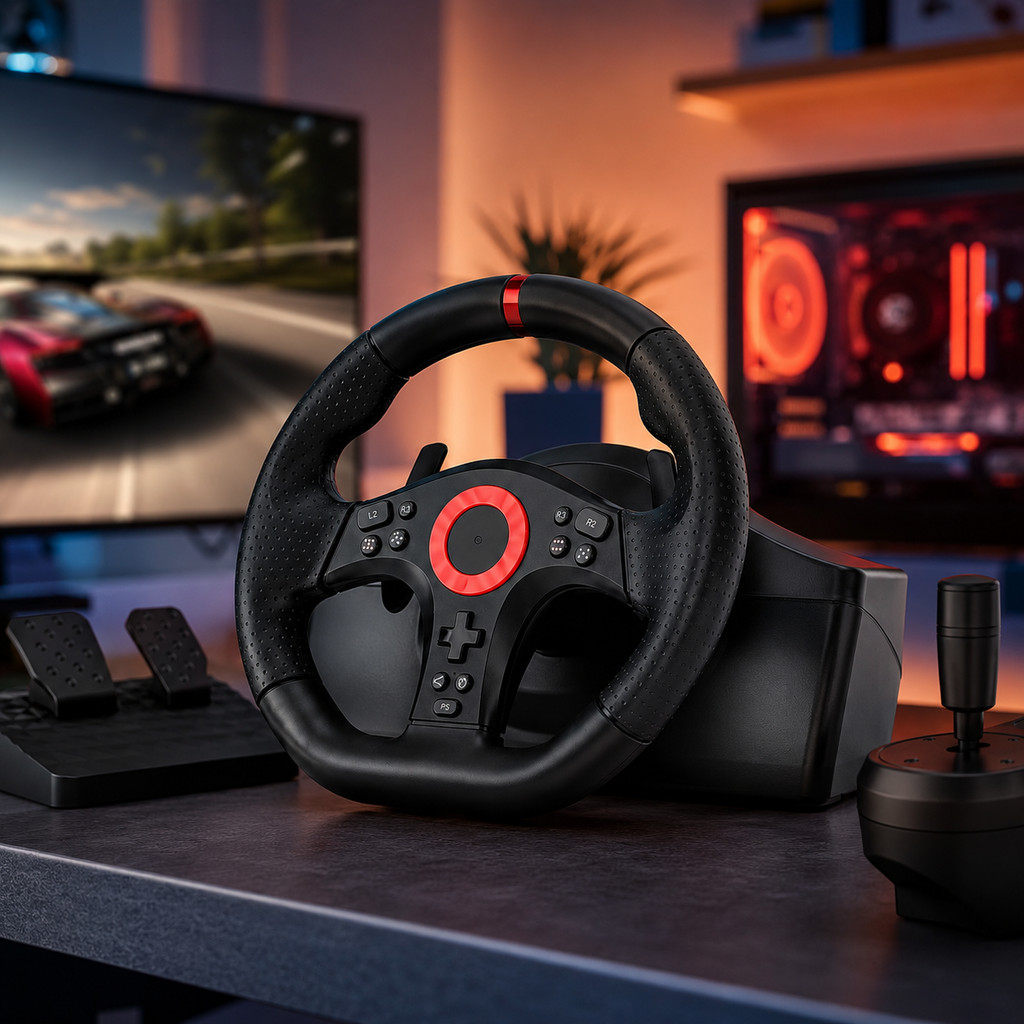 Volante Simulador De Corrida Gamer Com Pedal Duplo E Vibração KP-5818