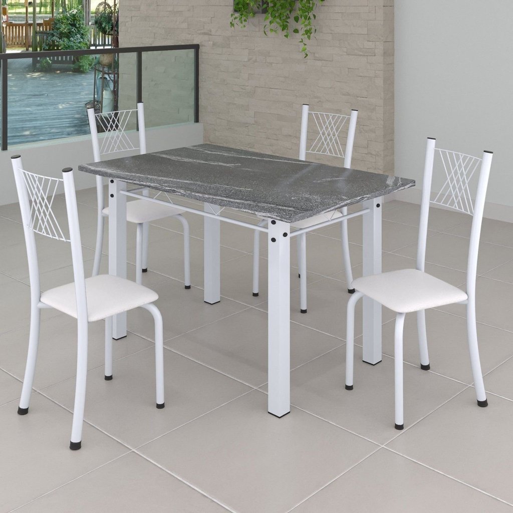 Conjunto de Jantar Mesa 120x75cm Tampo de Granito Topázio com 4 Cadeiras Sara Yescasa Branco/Liso Branco/Branco