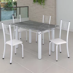 Conjunto de Jantar Mesa 120x75cm Tampo de Granito Topázio com 4 Cadeiras Sara Yescasa Branco/Liso Branco/Branco
