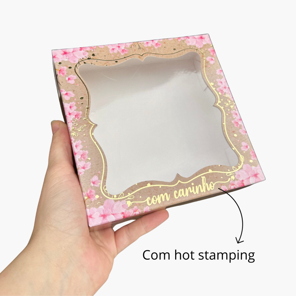 Caixa com Visor Acetato Quadrada 15x15x4 Olga Flor de Cerejeira com Hot Stamping c/10un