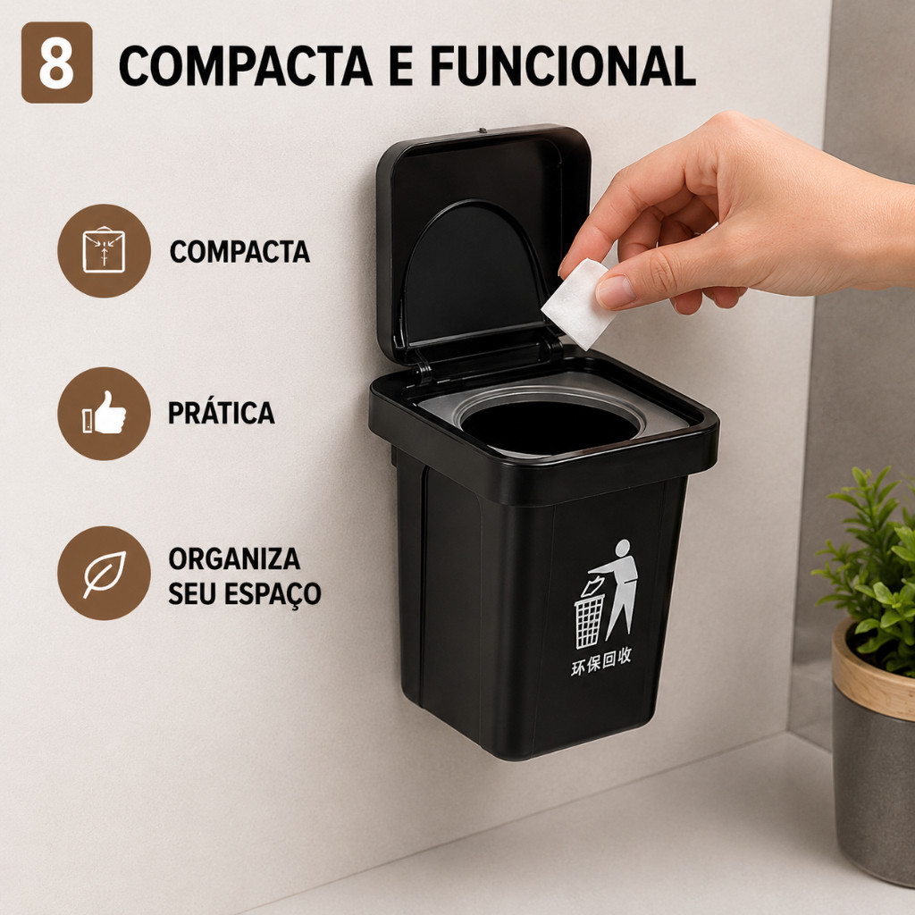 Mini Lixeira de Parede Compacta com Adesivo Sem Furo Mini Lixeira Multiuso para Banheiro, Cozinha e Escritório