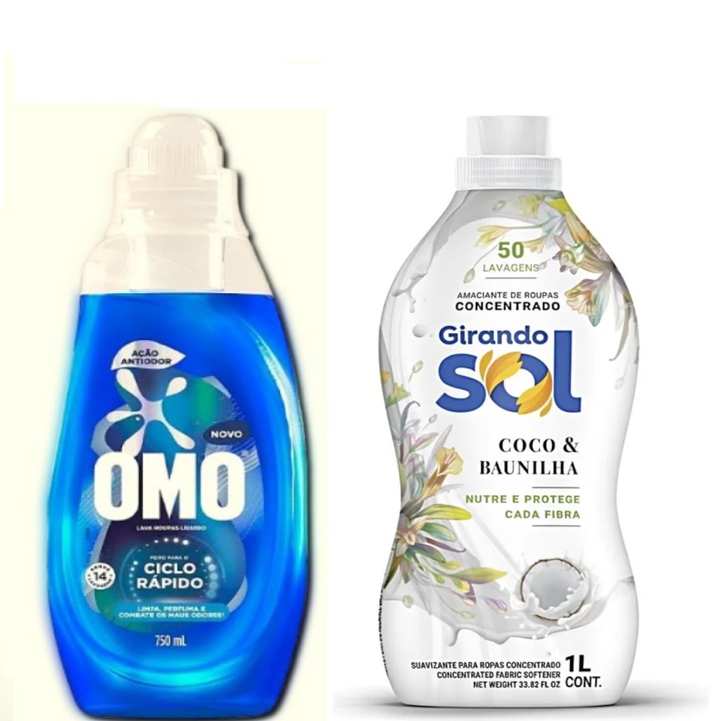 Lava Roupas Omo Ciclo Rápido Ação Antiodor 750 ml + Amaciante Roupas Girando Sol Conc.1 Lt  Coco Baunilha