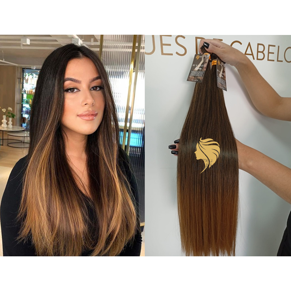 Cabelo Liso Semi Humano 60cm Californiana Fibra Russa na Tela Europeu Bella Hair