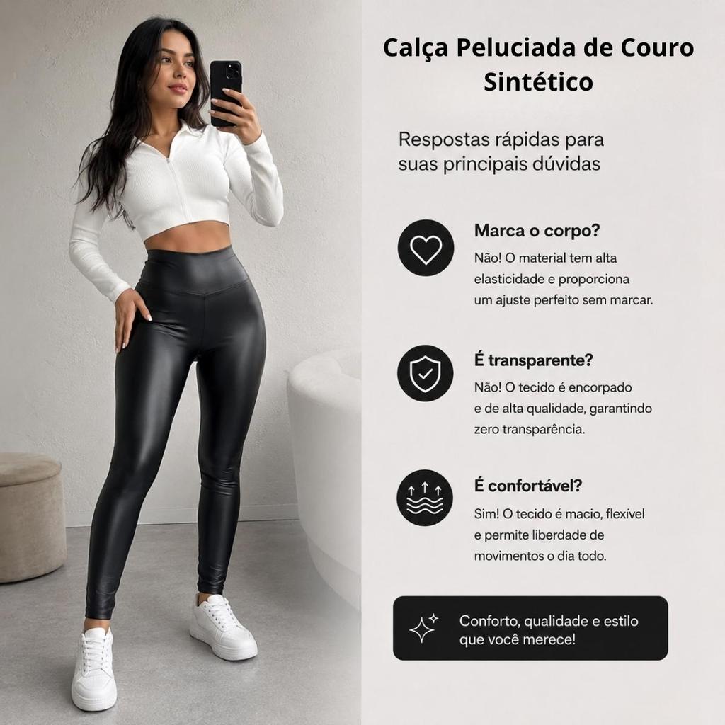 Calça de Couro Peluciada Modeladora Cintura Alta Calça de Couro Fake com Forro Peluciado Quente Inverno — imagem 2 de 2