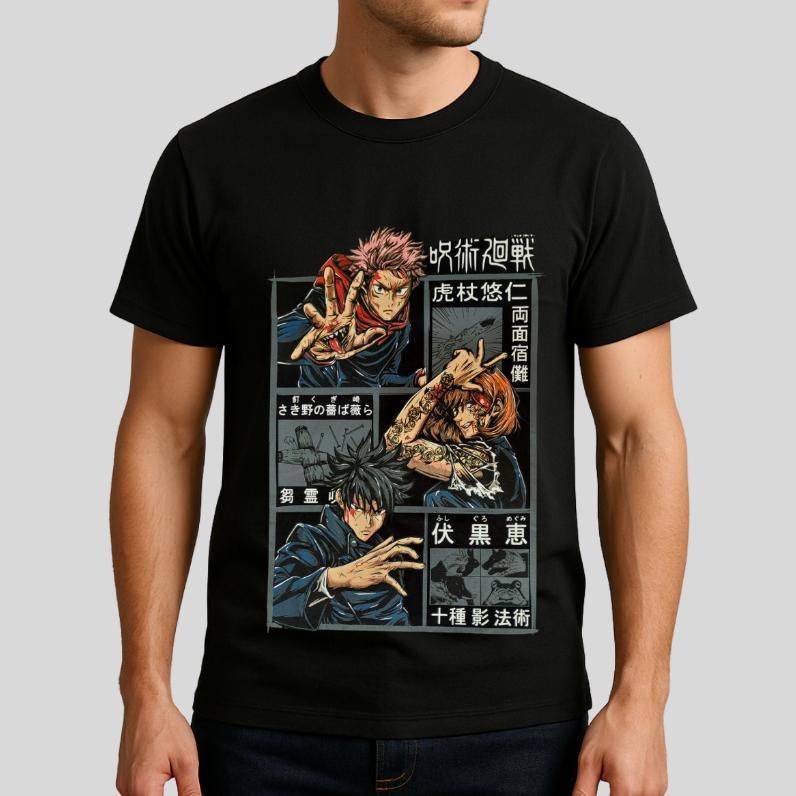 Camiseta Jujutsu Kaisen Yuji Megumi Nobara Anime Unissex Preta 100% Algodão Lançamento