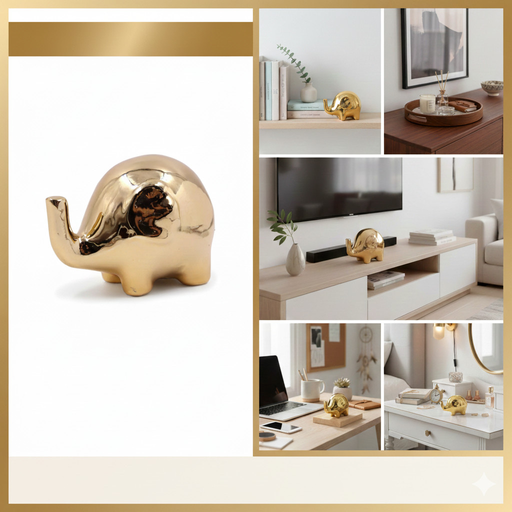 Objeto enfeite Decorativo Cerâmica Dourada Elefante Urso 7cm Luxo Sala Escritório Decoração Moderna