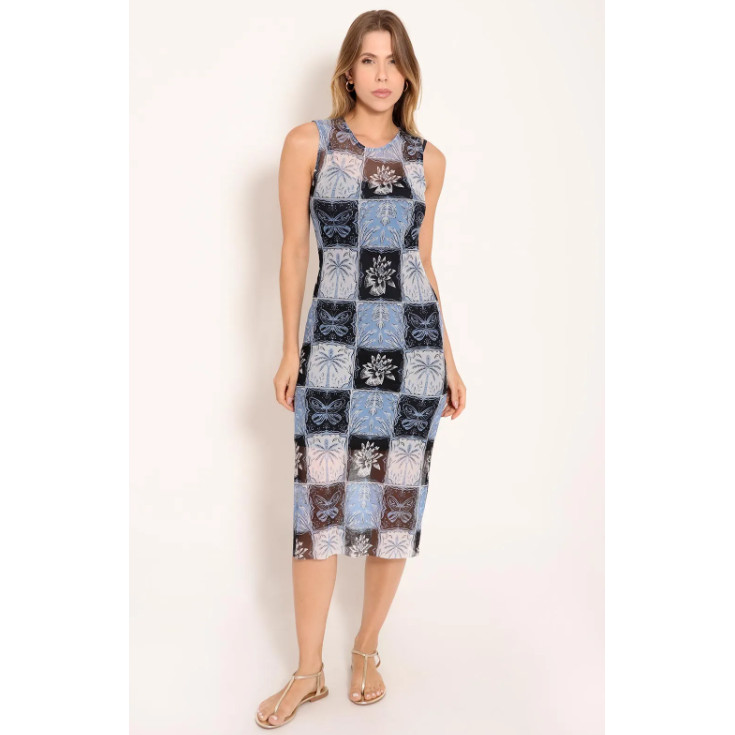 Vestido Regata Midi Tule Gola Careca C/ Forro Solto