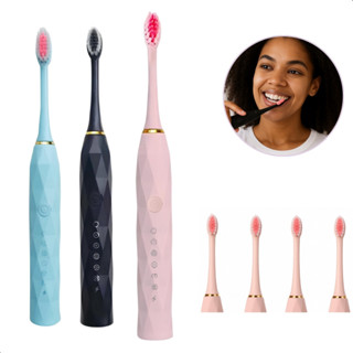 Escova Dental Elétrica Sônica USB Recarregável 4 Cabeças 5 Modos à Prova D’Água em Oferta na Shopee