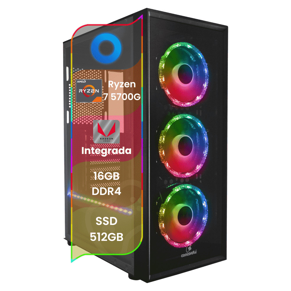 PC Gamer TOP Concórdia Processador AMD Ryzen 7 5700G 16GB SSD 512GB Fonte 600W F