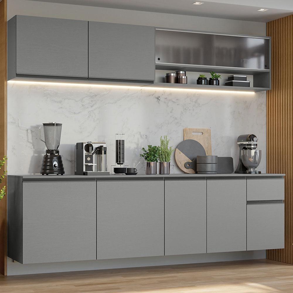 Armário De Cozinha Completa Suspenso 240cm Nice Madesa 04 Cinza