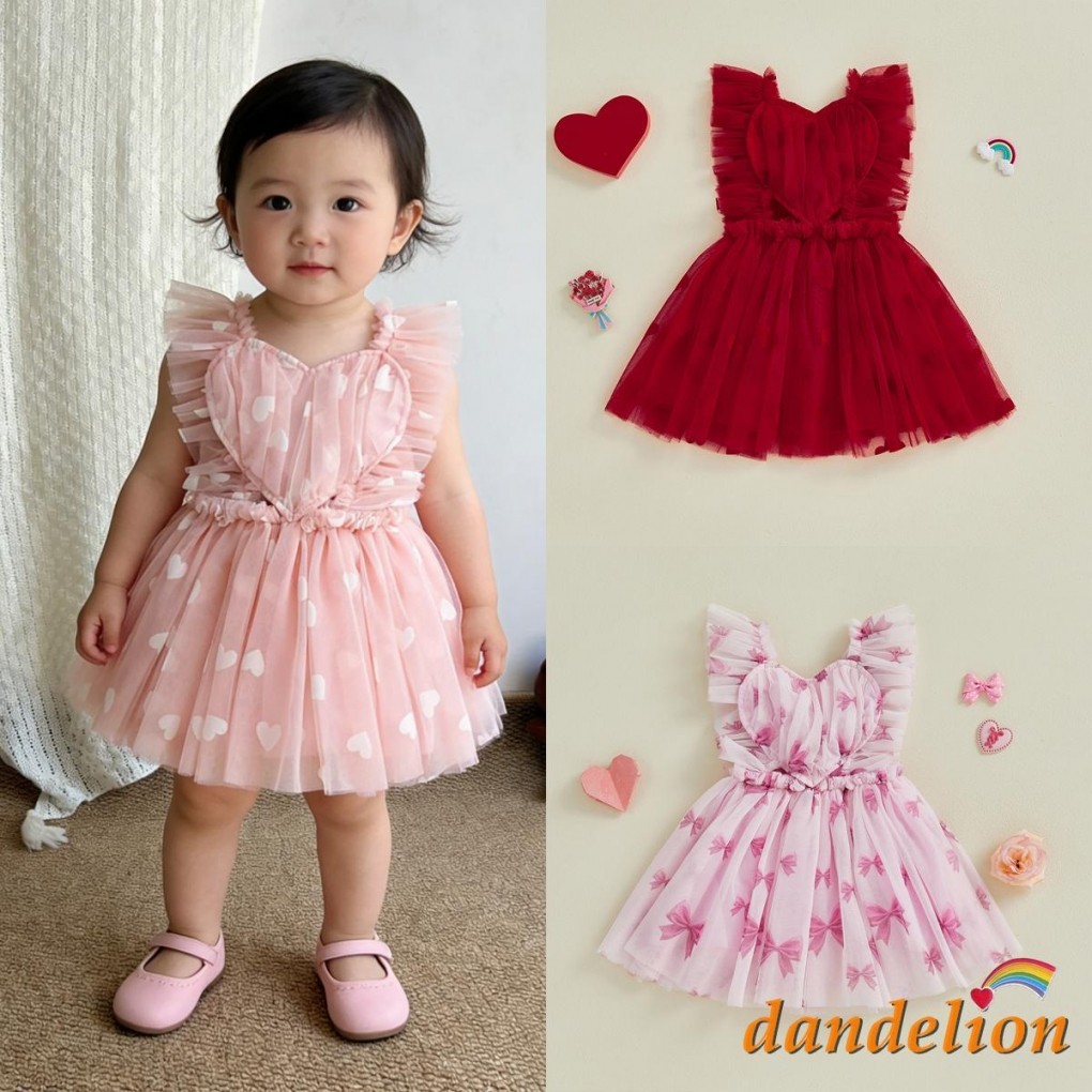 Vestido De Tule Para Bebês Meninas Com Estampa De Coração Sem Mangas Suspensório Evasê Primavera E Verão