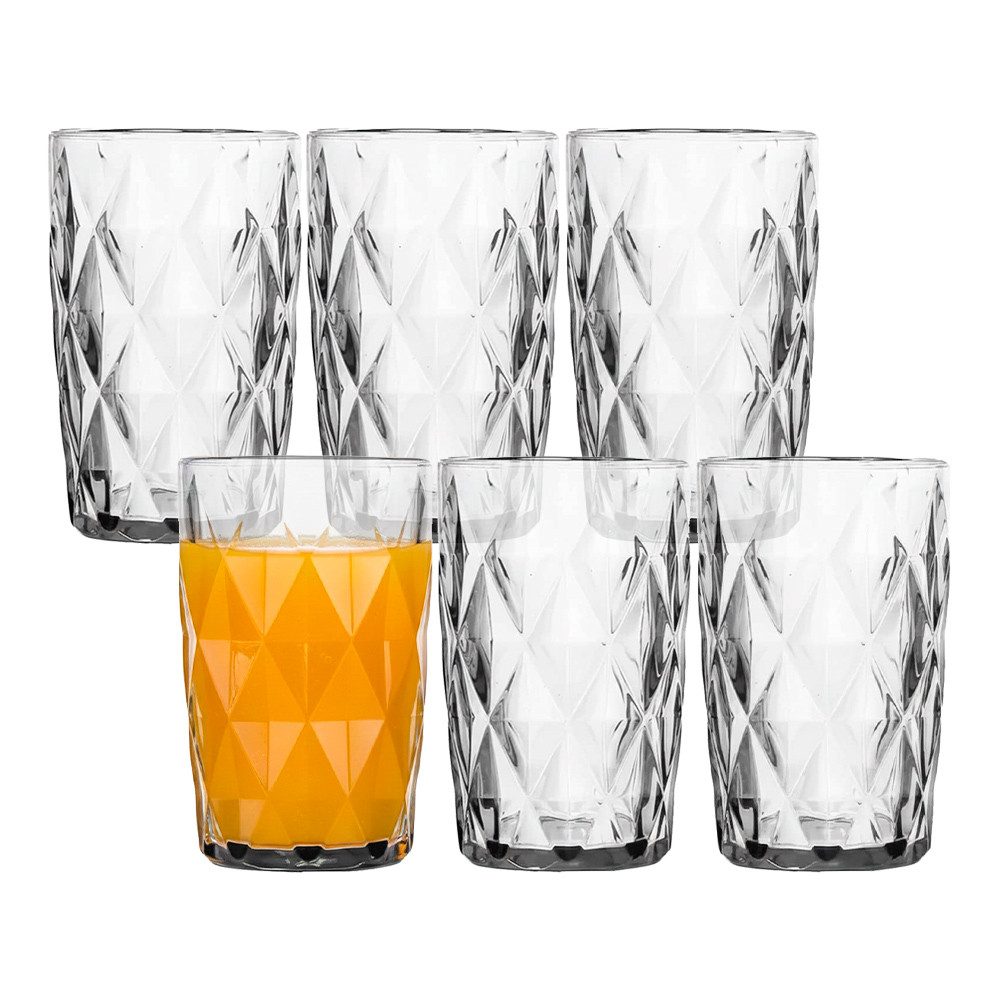 Jogo 6 Copos Diamond de Vidro Diamante Transparente Alto para Água e Drinks 390ml Lyor