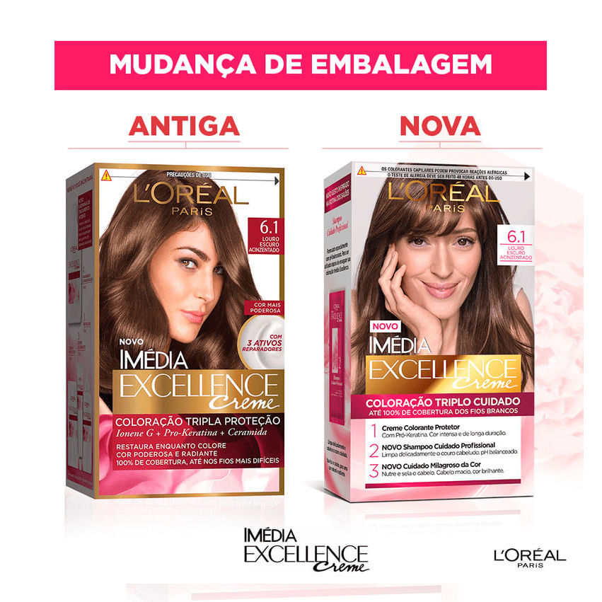 Detalhes do Kit Tintura Imédia Excellence L'Oréal Louro Escuro Acinzentado 6.1