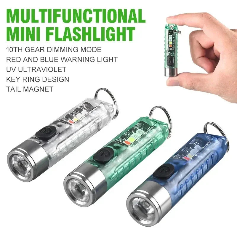 Lanterna LED Mini EDC Multifuncional Portátil com Luz de Chaveiro USB, Lâmpada UV, Lanterna de Emergência para Camping