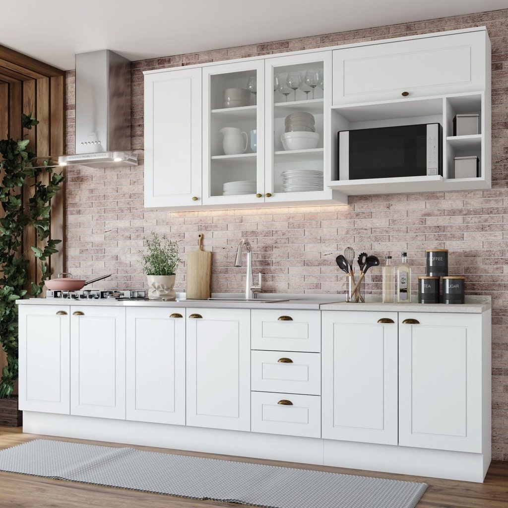 Cozinha Completa Modulada 6 Peças com Aéreo Microondas Emily Espresso Móveis Branco/HP/Calcare Branco HP/Calcare