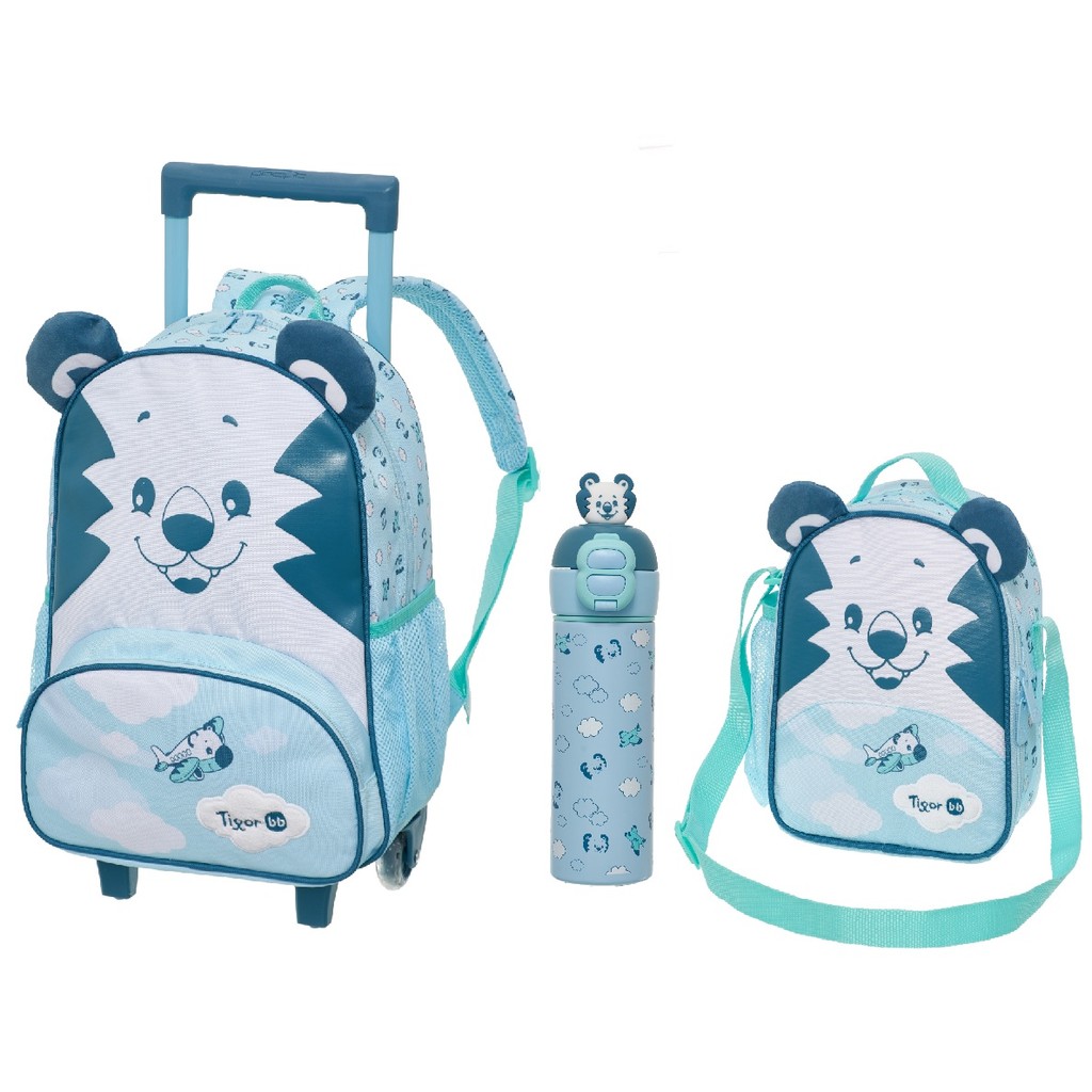 Kit Mochila Rodinhas Lancheira Garrafa Térmica Tigor T Tigre Happy Pilot Pacific