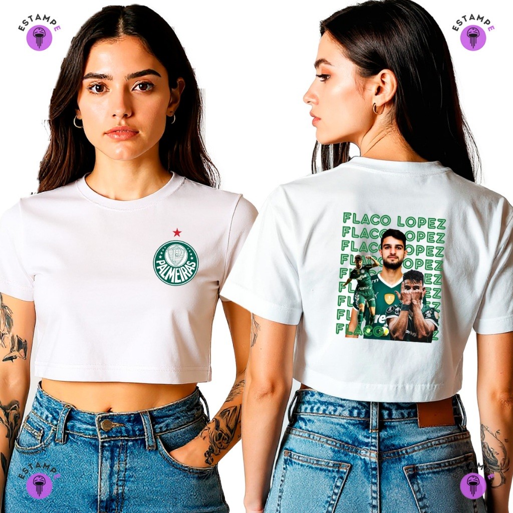 Camisa Camiseta Cropped Palmeiras Verdão Flaco Lopez Futebol Blusa 100% Algodão Premium Adulto Feminino