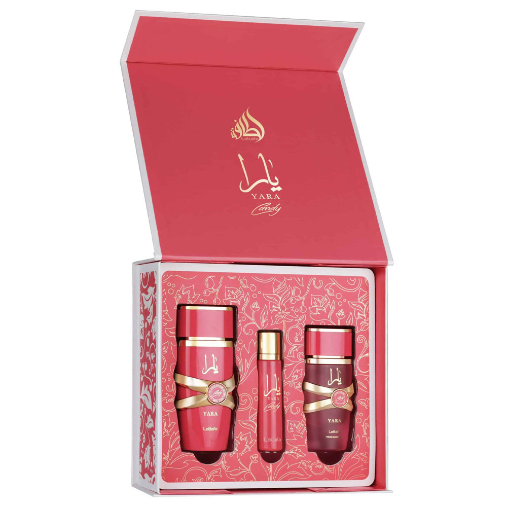 Kit Perfume Lattafa Yara Candy Edp Feminino 100ml + Portátil 12ml + Fresh Hair Mist 50ml