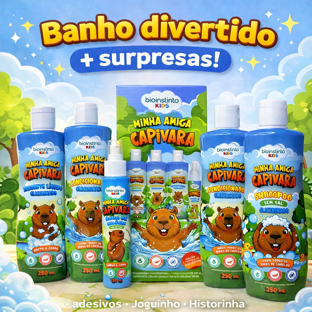 Kit intantil Shampoo e condicionador Sabonete líquido e Água de colônia Minha Amiga Capivara