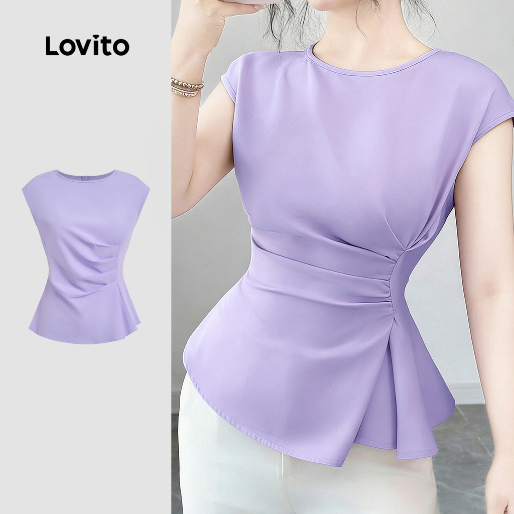Lovito Blusa Casual Assimétrica Pregueada Simples Primavera/verão Blusa Roxa Claro para Mulheres LK5ED1215